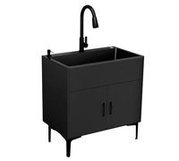 Fregadero independiente de acero inoxidable con gabinete, 3 agujeros, colador de cesta, grifo extraíble, capacidad de carga de 222 libras, 75 x 45 x 78 cm
