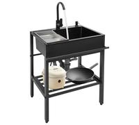 Fregadero independiente de acero inoxidable para cocina, giratorio 360°, tamaño grande, fregadero de cocina de acero inoxidable, con cesta de desagüe, patas ajustables bonitas, color negro