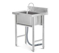 Fregadero independiente Fregadero cuadrado comercial, fregadero utilitario de estación de un solo seno de acero inoxidable 304 con escurridor y grifo para cocina, bar, restaurante, 50x50x90c