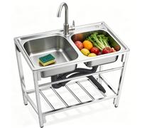 Fregadero independiente para exteriores, doble cuenco de acero inoxidable 304 con agua caliente y fría, superficie cepillada fina, para garaje, lavandería, patio, camping