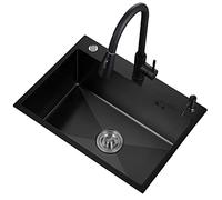 Fregadero individual grande de acero inoxidable 304 negro con grifos extraíbles para lavavajillas doméstico.