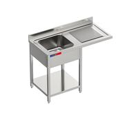 Fregadero Industrial con Hueco para Lavavasos en Acero Inoxidable, 1 Seno + Escurridor, 120x60x85cm, Balda inferior, Peto y Patas Regulables (Sin Grifo, Seno Izquierda)