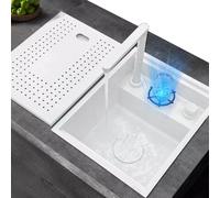 Fregadero Invisible Blanco Fregadero De Cocina con Tapa Fregadero De Barra con Lavavasos Grifo Elevable Fregadero Individual De Cocina Fregadero De Acero Inoxidable Blanco