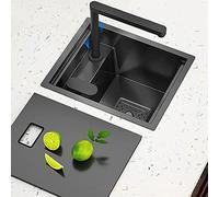 Fregadero moderno de isla central negra con grifo elevador, fregadero individual oculto con tapa, 40 x 44 x 22 cm, para cocina y bar, ideal para el diseño contemporáneo del hogar