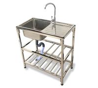 Fregadero Móvil de Acero Inoxidable, Lavabo Independiente con Grifo, Estante de 2 Capas y Banco De Trabajo, Fregadero para Restaurante Lavandería Exterior Camping