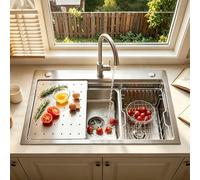 Fregadero Multifunción De Acero Inoxidable 304 Hecho A Mano, Fregadero De Cocina Grande De Un Solo Tazón, Instalación Empotrada O Sobre Encimera Con Lavabo Extraíble(60x50x21.5cm)