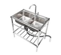 Fregadero Multiusos de Acero Inoxidable - Fregadero de Cocina Autoportante de 2 Senos con Grifos de Agua Caliente/Fría, Estantes, para Granja, Baño, Lavadero