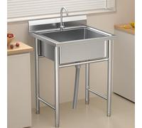 Fregadero multiusos independiente de acero inoxidable con rejilla de drenaje y grifo, ideal para cocina o uso utilitario, diseño duradero y funcional