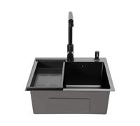 Fregadero negro 50 x 45 cm, fregadero de cocina de acero inoxidable, 1 lavabo empotrable con grifo extraíble, dispensador de jabón, escurridor y sifón, moderno fregadero de cocina para encimera y bajo