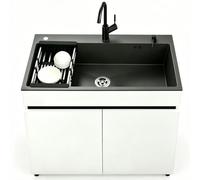 Fregadero Negro Cepillado Freistehend con Mueble de Aluminio Alveolar | Fregadero un Seno Moderno para Exterior y Jardín | Set de Fregadero con Grifo Mezclador Fría y Caliente para Balcón