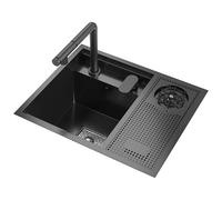 Fregadero negro mate, 55 x 45 cm, fregadero de cocina invisible, fregadero empotrable, fregadero de cocina, fregadero de acero inoxidable, lavabo con grifo elevador extensible y función de lavado de