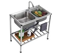 Fregadero para exteriores Fregadero comercial para restaurante Fregadero doble de acero inoxidable Fregadero para uso general independiente 2 compartimentos para taller Interior al aire libre con grif