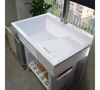 Fregadero para la ropa independiente de plástico con tabla para lavado, lavabo de exterior autoportante con estante de almacenamiento, para lavandería, restaurante, camping, jardín, garaje (blanco, 31