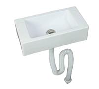Fregadero pequeño de plástico blanco de 40 x 20 x 11 cm, ideal para autocaravanas, baños de invitados, camping, apartamentos, jardines y obras de construcción, con drenaje de 150 cm