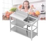 Fregadero portátil de pie de 120 cm para cocina y lavandería, con colador de drenaje Bacplash Fau, fregadero al aire libre con manguera, gancho para bar y restaurante, agua fría y caliente.