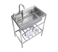 Fregadero profesional de acero inoxidable para exteriores, 1 cuenco, fregadero de cocina comercial, juego de fregadero de restaurante con grifo y manguera, ideal para uso en garaje y restaurante