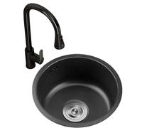 Fregadero redondo de acero inoxidable de 42 cm, fregadero de cocina de un solo tazón con drenaje y cesta, diseño hecho a mano en la parte superior/inferior, color negro para cocinas modernas
