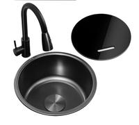 Fregadero redondo de acero inoxidable negro con tapa y grifo extraíble, textura de grano de mijo, resistente al desgaste, fácil de limpiar, adecuado para caravanas, apartamentos, bares (38 x 38 x 19
