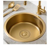 Fregadero redondo dorado 32x32cm, tarja dorada pequeña para bar y cocina, fregadero de cocina color oro, mini sink circular bajo encimera, acero inoxidable con sifón