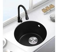 Fregadero redondo negro con grifo, fregadero de cocina negro mate, pequeño y redondo de granito, fregadero compacto para uso doméstico y comercial, ideal para espacios limitados