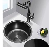 Fregadero redondo negro para caravana, fregadero de cocina pequeño, cuenco individual, fregadero de encimera, acero inoxidable 304, versión integrada o empotrada con accesorios (diámetro 34 cm)