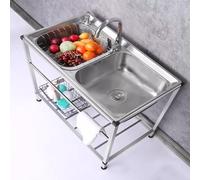 Fregadero Utili de acero inoxidable de doble tazón con grifo y estante Sto independiente para lavado al aire libre, lavabo portátil con kit de drenaje (74 x 41 x 75 cm)