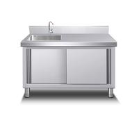 Fregadero utilitario con gabinete, fregadero de cocina de acero inoxidable con banco de trabajo y estantes de almacenamiento, grifo caliente y frío para uso en interiores y exteriores