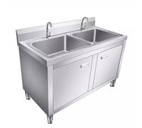 Fregadero utilitario de acero inoxidable 304 con mueble, fregadero de cocina independiente con grifo de agua fría individual y tapón de agua de 10 cm, fregadero de p,Double Bowl-120*60*80cm