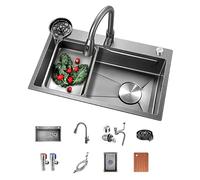 Fregadero utilitario de acero inoxidable con grifo extraíble, moderno fregadero de cocina para lavavajillas y lavado de verduras, 65 x 45 cm, estación de trabajo, color gris E