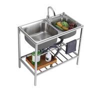 Fregadero utilitario de acero inoxidable de doble tazón, fregadero de cocina de restaurante 304 con grifo caliente y frío, diseño independiente de 2 compartimentos, 80 x 43 x 75 cm para uso comercial