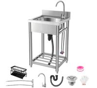 Fregadero utilitario de acero inoxidable de pie de un solo tazón con grifo frío y caliente, fregadero de deseos independiente para lavandería, garaje, exterior, jardín, con organizador de fregadero