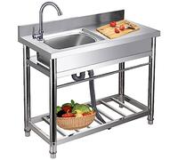Fregadero utilitario de acero inoxidable, fregadero de cocina independiente con estación de trabajo grande, tubo de agua fría y caliente, desagüe