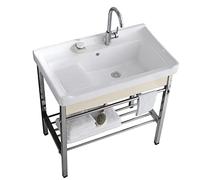 Fregadero utilitario de acero inoxidable, lavabo de porcelana de un solo tazón con patas de metal para restaurante, cocina, lavandería, uso al aire libre (color: )