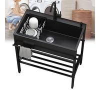 Fregadero utilitario de acero inoxidable negro de grado comercial con grifo, de pie, para lavandería, cocina al aire libre, garaje y cocina interior, estación de lavado de manos perfecta.