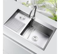 Fregadero utilitario de lavandería con tabla de lavado de acero inoxidable Fregadero de cocina para el hogar, la piscina, el balcón y el dormitorio, fácil de limpiar, doble cuenco (con grifo, 800 mm)