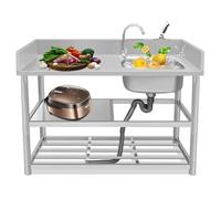 Fregadero utilitario - Fregadero de cocina grande de acero inoxidable con cuenco individual, grifo, estante de almacenamiento y cesta de drenaje para interior, patio, lavandería, garaje y taller