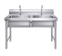 Fregadero Utilitario Grande de Doble Cuenco, Fregadero Comercial de Acero Inoxidable 304 para Lavado de Manos con Grifo de Agua Fría para Exterior, Garaje, Lavandería, Patio Trasero 100cmx50cmx80cm