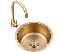 Fregaderos de Cocina, Fregadero de Cocina de Solo Tazón, Fregadero de Preparación de Barra, con Grifo, Fregadero Redondo Cepillado, Acero Inoxidable 304, Instalación Empotrada O Bajo Encimera/Oro~A/40