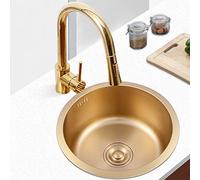 Fregaderos de Cocina, Fregadero de Cocina de Solo Tazón, Fregadero de Preparación de Barra, con Grifo, Fregadero Redondo Cepillado, Acero Inoxidable 304, Instalación Empotrada O Bajo Encimera/Oro~C/36