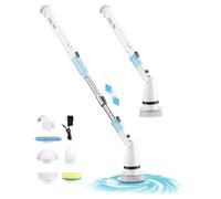 Fregadora eléctrica giratoria TASVAC EB5, cepillo de ducha inalámbrico de 450 RPM con 5 cabezales de limpieza reemplazables y brazo de extensión ajustable EB5 blanco/azul