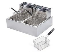 Freidora comercial 12L Eléctrica Doble 6L Sartén de Patatas Fritas con Tapa y Cesta Control de Temperatura Acero Inoxidable Para el Hogar, Restaurante, Restaurante de Comida Rápida 2500W