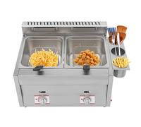 Freidora comercial de doble tanque de acero inoxidable con cesta y tapa, ideal para restaurantes y tiendas de aperitivos, patatas fritas, alas de pollo y pescado