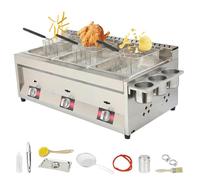 Freidora comercial de gas GLP de 10 L x 3, con 3 cestas y tapas, estante de condimentos, potencia de fuego ajustable, freidora de GLP de acero inoxidable para patatas fritas, bacalao, pollo, anillos