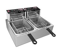 Freidora comercial eléctrica de doble tanque con control de temperatura ajustable de grasa, encimera de virutas de acero inoxidable 6Lx2 2500W con tapas, cilindro doble