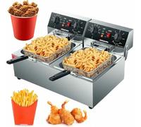 Freidora comercial, encimera eléctrica de doble tanque 3000W + 3000W con canasta, 2 x 10.5Qt / 10L de aceite de acero inoxidable doble, con control de temperatura individual ~/