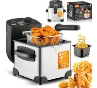 Freidora con temperatura ajustable y características de seguridad, incluye cesta para freír y tapa para una fácil limpieza, ideal para cocinar patatas fritas, papas fritas y donas