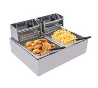 Freidora de acero inoxidable, freidora doble de acero inoxidable de 12 L con 2 cestas de acero inoxidable, tapa de acero inoxidable, calefacción ajustable hasta 200°C, para papas fritas, pollo, 5000W