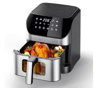 Freidora de aire caliente, parrilla giratoria, deshidratadora, libro de recetas, pincho para barbacoa, sin grasa, sin aceite, 10 programas, incluye accesorios, color negro, 6 l