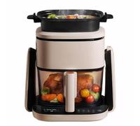 Freidora de aire compacta 2 en 1 con recipiente de vidrio y sartén, temperatura ajustable, pantalla táctil LED, ideal para cocinar en familia y en fiestas.