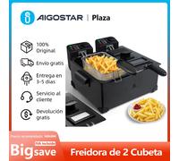 Freidora de Doble Cubeta, Capacidad Total 6 L: 2 Cubetas 3 L, Termostato Ajustable, 2 Tapas con Ventana y 2 Cestas, 3600 W